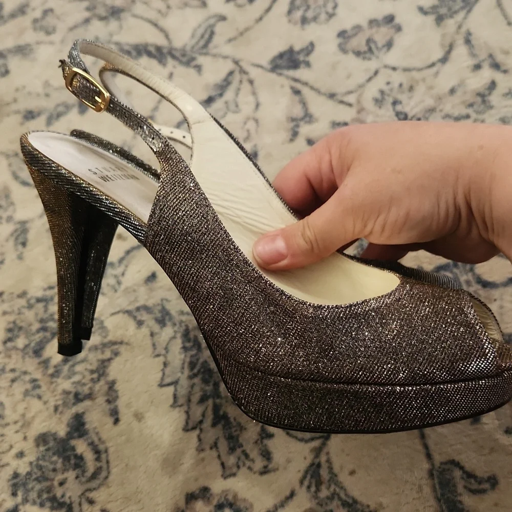 Stuart Weitzman Platform Sparkle Shimmer Pyrite Peeptoe Slingback Heel Size 8 - Picture 6 of 8